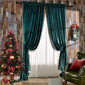 Melodieux 763383275495 Pom Poms Velvet Blackout Lined Curtains Extra Wide For Patio Doors