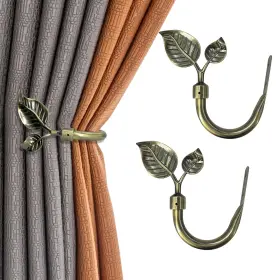 Moasiop 889664986444 Antique Brass Curtain Tiebacks 2pcs Leaf Shaped Metal Holdbacks - Ha