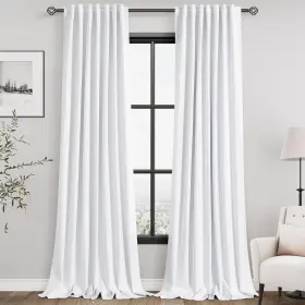 Hkc12-wt5296 Nanspring Blackout White Linen Curtains 96 Inches Long Back Tab Full Light Block Out C