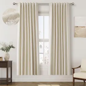 Hkc12-ym5272 Nanspring Tan Beige Linen Blackout Curtains 72 Inch Length Back Tab Rod Pocke