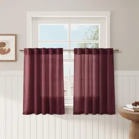 Hkt14-jh3624 Nanspring Burgundy Linen Kitchen Curtains 24 Inch Length Cotton Blend Light Filte