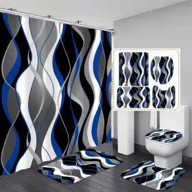 Hzw001-a Nkzply 4 Pcs Blue Shower Curtain Black Bathroom Sets With And
