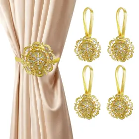 Orus-hct-fg02 Oriver 4 Pack Magnetic Curtain Tie Backs Gold Crystal Flower Holdbacks With No-dril