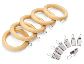Perfect Order 754003807769 Wood Curtain Rings With Clips Set Of 12 1.5 Inch Beige