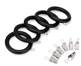 Perfect Order 794775123308 Wood Curtain Rings With Clips Set Of 12 1.5 Inch Black