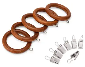 Perfect Order 794775123995 Wood Curtain Rings With Clips 2.25 Inch Set Of 12 Brown Varnished Finish