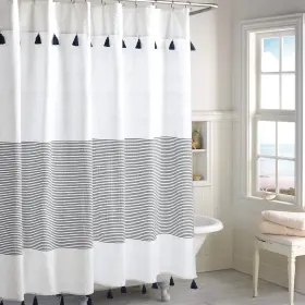 3y081607ny Peri Home Panama Stripe Boho Farmhouse Tassel Shower Curtain 100% Cotton Fabr