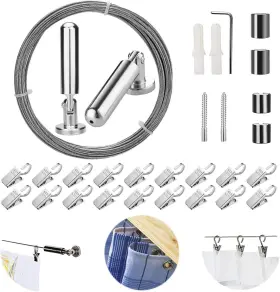 Pw-hk015z2 Pinowu 5 Meters Wall Mount Curtain Wire Rod Set With 20 Hanging Clips - Silver