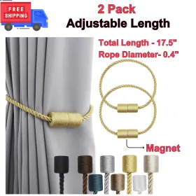 477401 Porlau 2 Pk Magnetic Curtain Tiebacks Strong Hold Elegant Rope Drapery Holdbacks-gold