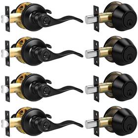 Probrico B0clll8qn9 Front Door Handle And Double Cylinder Deadbolt Set Black Exterior