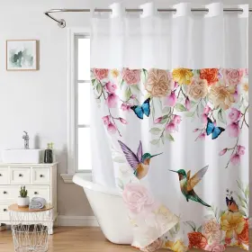 Qehoelyfe 786646000443 Floral Hummingbird No Hook Shower Curtain With Snap In Liner Flowers Butterf