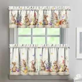 Qwpmvhsak 071926378390 Easter Curtains 3 Piece Set Spring Bunny Floral Kitchen Decorations F