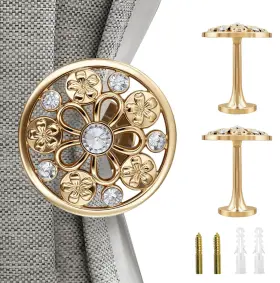 Re-mch-flower-2-petal Remunkia Set Of 2 Curtain Holdbacks Gold Vintage Metal Tiebacks Wall Mounted