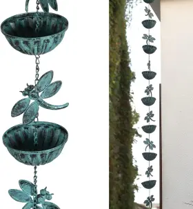 Retrome 783006765127 Iron Dragonfly Rain Chain For Gutters 8.5-feet Length Distressed Blue
