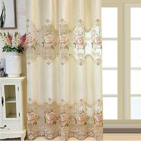Risuho D124596912 European Luxury Beige Floral Curtain With Flower Embroidery Grommet Top For L
