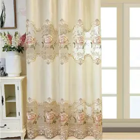 D124596912 Risuho European Luxury Beige Floral Curtain With Flower Embroidery Grommet Top For L