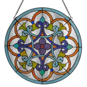 River Of Goods 810105590951 Multicolored Round Floral Stained Window