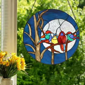 River Of Goods 818140023076 16 Inch H Birds In The Night Sky Round Stained Red Yellow Blue L