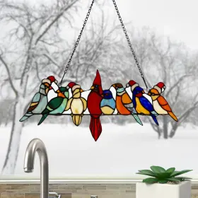 River Of Goods 818140023151 Holiday Birds On A Wire Stained Glass Window Multi 23.25 Inch L X 0.25