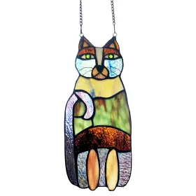 River Of Goods 818140025261 13- Inch Crazy Cat Stained Glass Window Panel Purple
