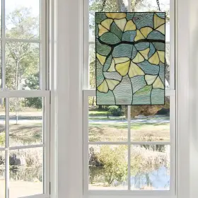 River Of Goods 818140025322 17.5 Inch H Ginkgo Leaf Stained Glass Window Panel Blue