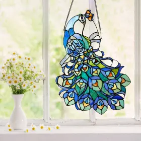 River Of Goods 818140025353 24.5 Inch H Mardi Gras Peacock Stained Glass Green