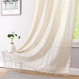 Ronaldecor Jb-linen40x84 Beige Boho Linen Sheer Lace Curtains Textured Tassel Crochet Curtain Panels G