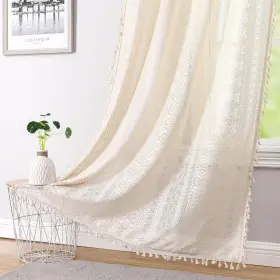 Jb-linen40x84 Ronaldecor Beige Boho Linen Sheer Lace Curtains Textured Tassel Crochet Curtain Panels G