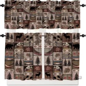 Shelifestyle 488238961005 Retro Rustic Style Curtain Set Vintage Moose Deer Bear Leaf Tree Country Sty