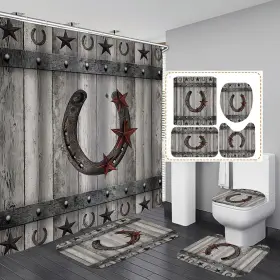 Sk-ai002 SkailiÉ 4pcs Vintage Western Texas Star Horseshoe Shower Curtain Set Country Grey Wo