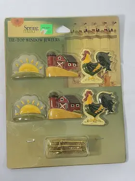 Springmaid 044294089488 Vintage Tie-top Window Jewelry Curtain Tiebacks Spring Maid Barn Rooster Sun