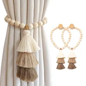 Srg 763055444488 Handmade Magnetic Wooden Bead Curtain Tiebacks 2 Pcs Simple Elegant Tassel
