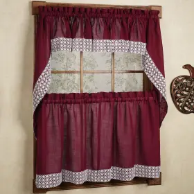 Sweet Home Collection 616348678278 Burgundy Country Style Curtain Parts With White Daisy Lace Tier Pair 36