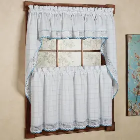 Sweet Home Collection 616348678391 Cotton Classic White/ Blue Window Pane Pattern And Crotchet 36 X 60 Tier Pa
