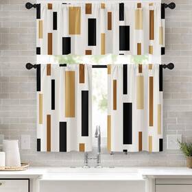Tayney Qcy24030819 Brown Beige Kitchen Window Curtains Valance And Tier Set 36 Inch Geometric Bl