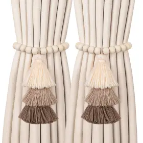 Terrekraft 762736508587 2 Pack Magnetic Curtain Tiebacks With 3-tier Tassel Wood Bead Holdbacks No Drill