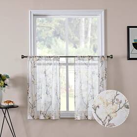 Tollpiz 704078818085 Floral Short White Sheer Tier Curtains Flower Print Vine Embroidery K