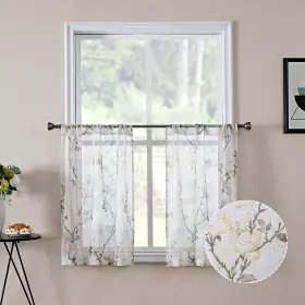 Tollpiz 704078818085 Floral Short White Sheer Tier Curtains Flower Print Vine Embroidery K