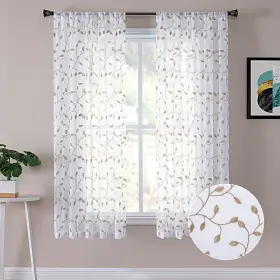 Emxyztaupe5445 Tollpiz Leaves Short Sheer Curtains Taupe Leaf Embroidery Bedroom Curtain Rod