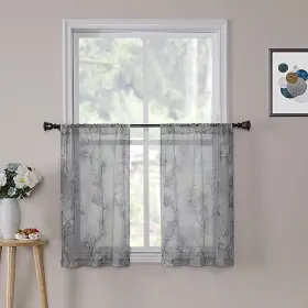 Peyjxgrey3024 Tollpiz Floral Short Grey Sheer Tier Curtains Flower Print Vine Embroidery Ki