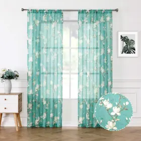Peyjxturquoise5484 Tollpiz Floral Turquoise Sheer Curtain Flower Print Vine Embroidery Bedroom C