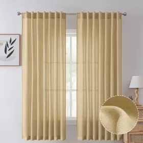 Sddmbeige5254 Tollpiz Beige Linen Cotton Curtain Back Tab Short Bedroom Semi Sheer Curtains