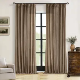 Td-dmddhzcl-ks4096 Twodrapes Brown Pleated Linen Curtains 96 Inches Long Living Room 2 Panel Set Semi Shee