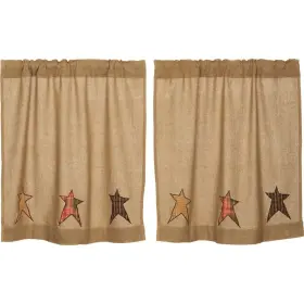 Vhc Brands 840528116834 Tan Primitive Kitchen Curtains Stratton Burlap Star Tier Red-orange 36x36