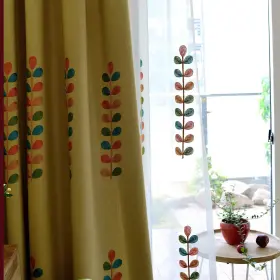 005clqh190709c2s5284 Vogol Linen Curtains 84 Inch Length Colorful Leaves Embroidered Window Drape