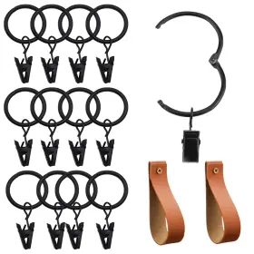 Xinjiduo 755801284592 12 Pcs Curtain Rings With Clips Collocation2pcs Pu Leather Wall Hooks Black M