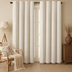 Xcl-n-lxls-mi-52 Xoguibo 90-xoaa1 Boho Blackout Curtains 90 Inches Long Beige Linen Blend 2 Panels With Tassels