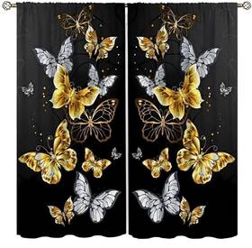 Yearn Jear 423581999984 Golden Butterfly Window Curtains Black Gold Butterflies Rod Pocket Windows D