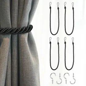 Zaplyte 672668223499 4pcs Curtain Tiebacks 75cm/29.5 Inch Braided Drapery Holdback With Hook Black