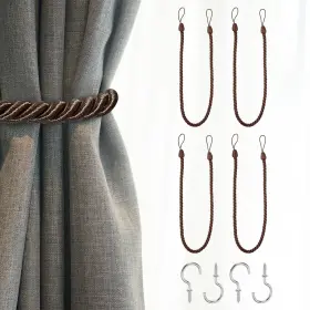 Zaplyte 672668223550 4pcs Curtain Tiebacks 75cm/29.5 Inch Braided Drapery Holdback With Hook Dark Brown